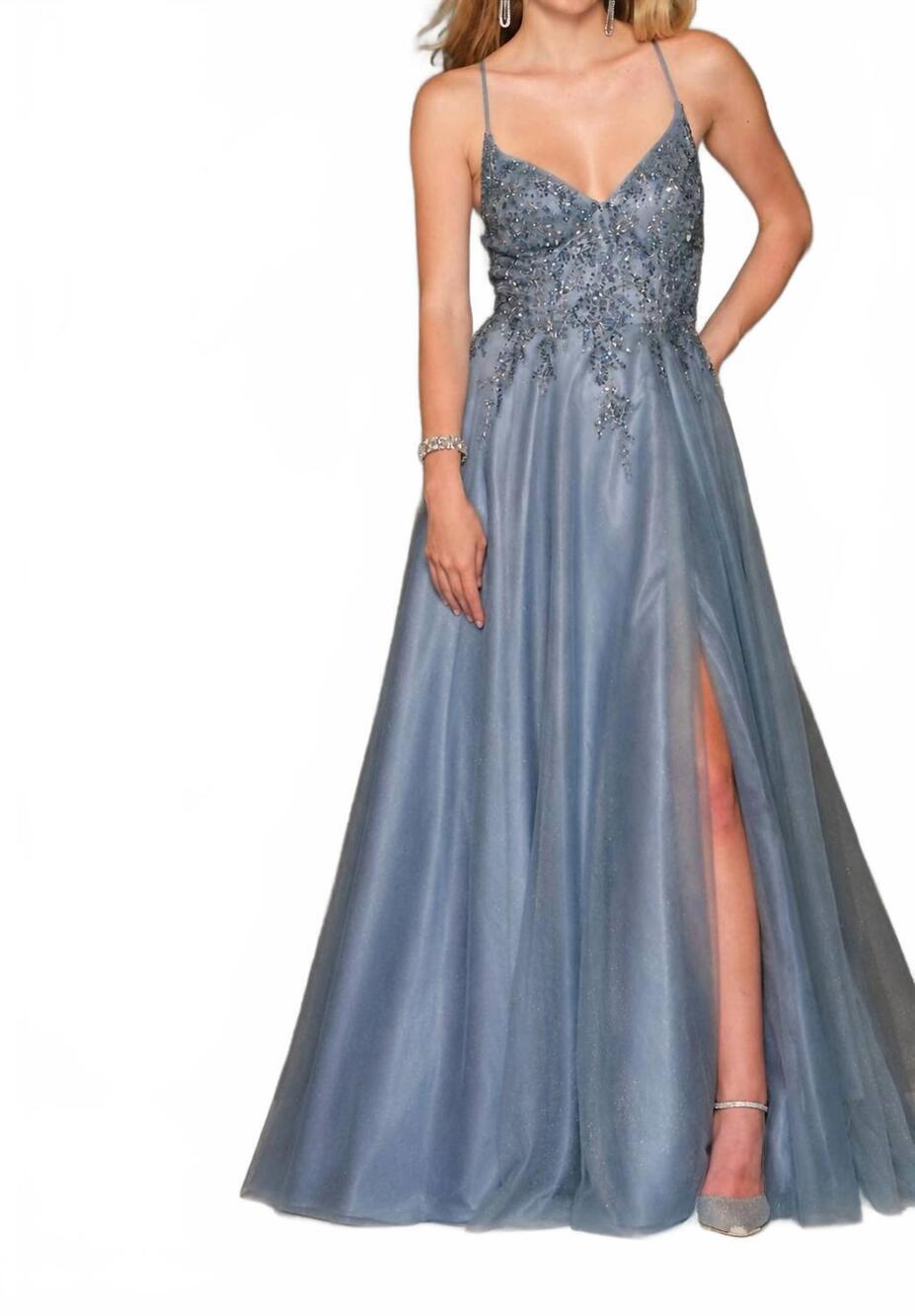 NEW DAVE & JOHNNY a-line ball gown in smoke blue